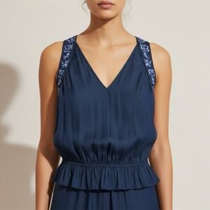 RAMY Brook Clara Top Embroidered Peplum Top, Navy Blue Shirt Sz L NEW